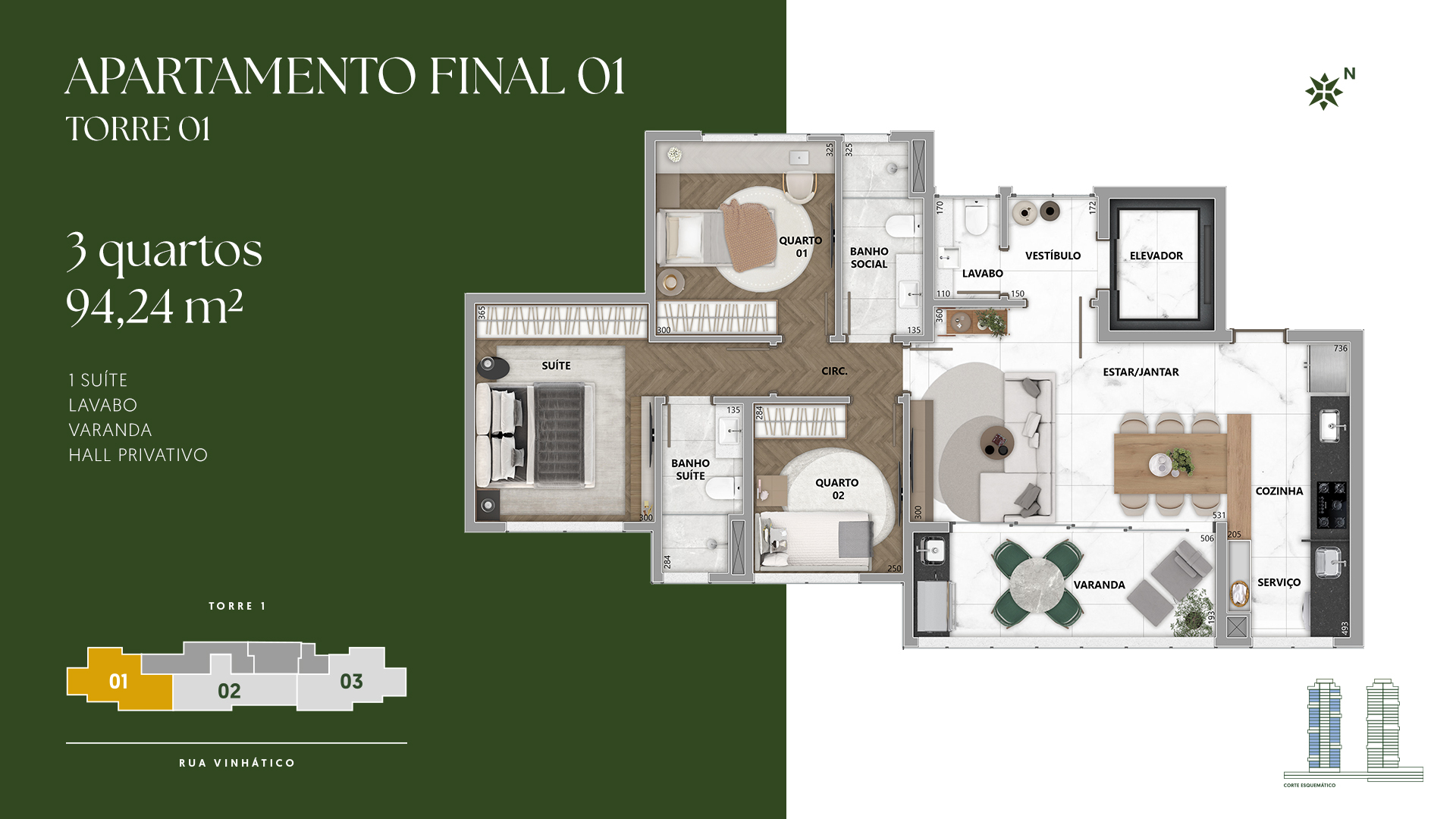 Planta Torre 1 · apartamento tipo ponta do Oásis Vale do Sereno