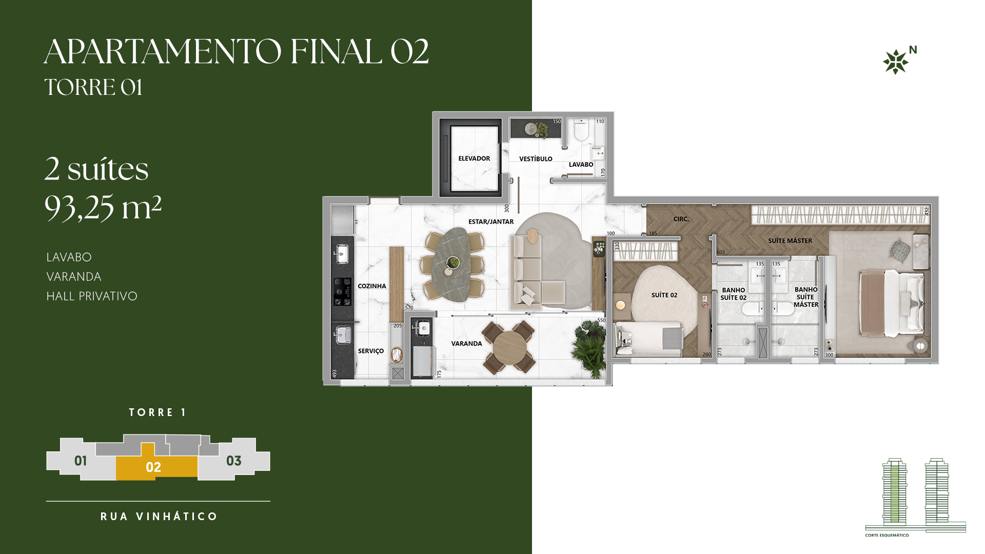 Planta Torre 1 · apartamento tipo meio do Oásis Vale do Sereno